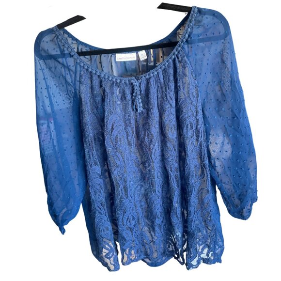 John Paul Richard Blue Sheer Lace Peasant Blouse Size XL - Picture 1 of 9